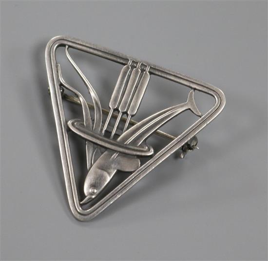 A Georg Jensen triangular dolphin and reed brooch, no. 257 37mm.